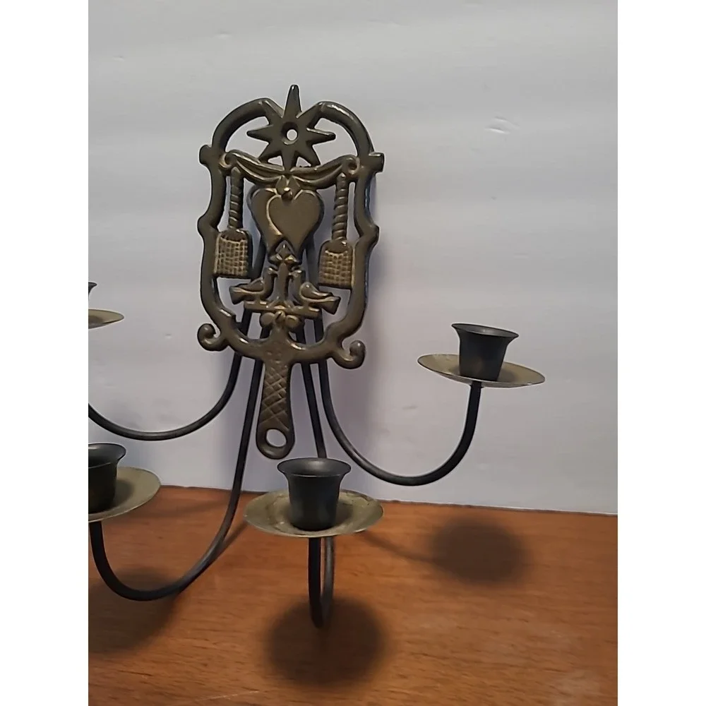 Vtg Pennsylvania Dutch Brass Trivet Wall Sconce 4‎ Candle Holder Unique Decor